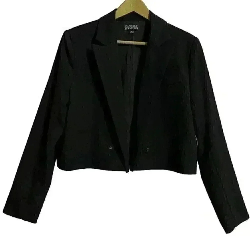 Danielle Bernstein Women's M Black Cropped Open Front Blazer Shoulder Pads NWT